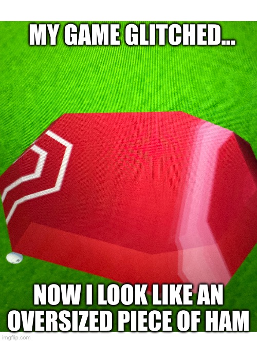 MY GAME GLITCHED…; NOW I LOOK LIKE AN OVERSIZED PIECE OF HAM | made w/ Imgflip meme maker