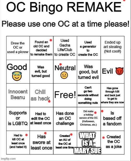 OC Bingo REMAKE | WHAT IS A MARY SUE | image tagged in oc bingo remake | made w/ Imgflip meme maker