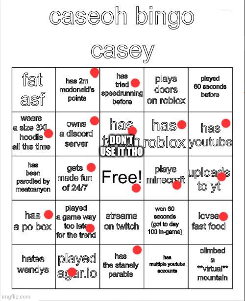 caseoh bingo | DON'T USE IT THO | image tagged in caseoh bingo | made w/ Imgflip meme maker