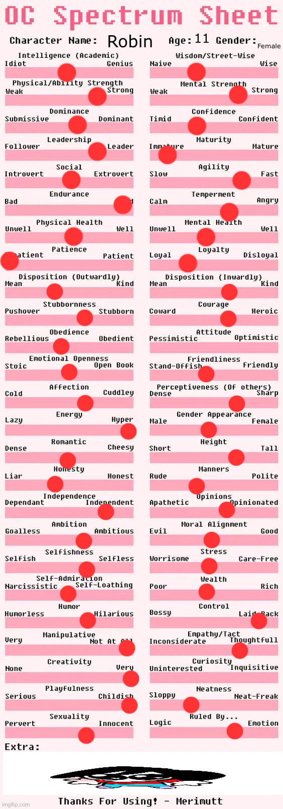 doing this bc why not (also fun fact she is mixed and neurodivergent) | 11; Female; Robin | image tagged in spectrum sheet | made w/ Imgflip meme maker