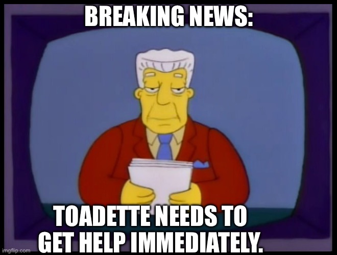 Kent Brockman | BREAKING NEWS:; TOADETTE NEEDS TO GET HELP IMMEDIATELY. | image tagged in kent brockman | made w/ Imgflip meme maker