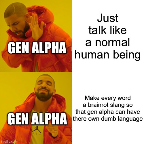 It can’t get any worse! | Just talk like a normal human being; GEN ALPHA; Make every word a brainrot slang so that gen alpha can have there own dumb language; GEN ALPHA | image tagged in memes,drake hotline bling,gen alpha,brainrot,modern memes,gen alpha sucks | made w/ Imgflip meme maker