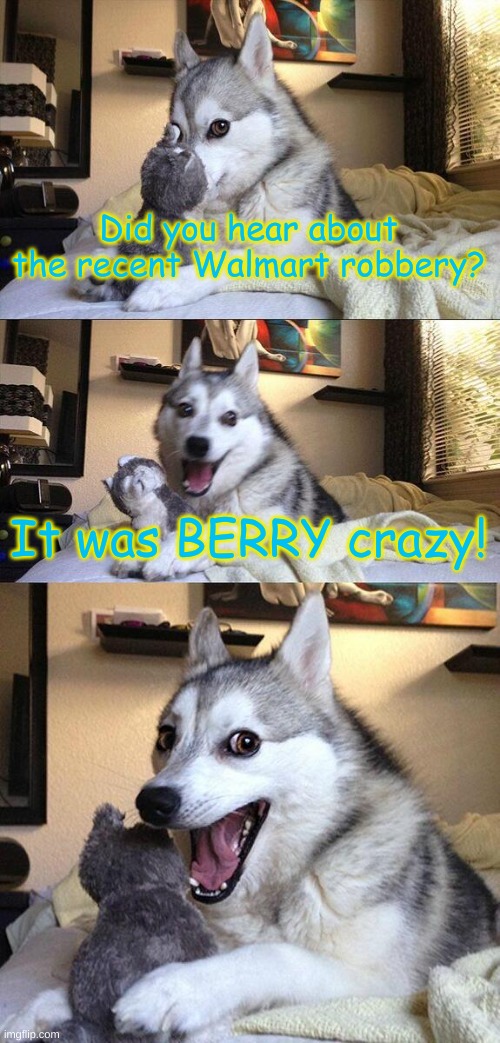 :D | Did you hear about the recent Walmart robbery? It was BERRY crazy! | image tagged in memes,bad pun dog | made w/ Imgflip meme maker