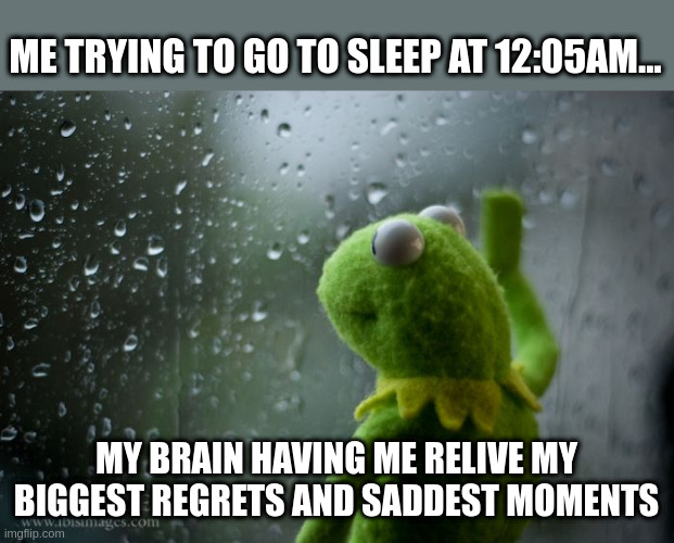 I just want to sleep | ME TRYING TO GO TO SLEEP AT 12:05AM... MY BRAIN HAVING ME RELIVE MY BIGGEST REGRETS AND SADDEST MOMENTS | image tagged in kermit window | made w/ Imgflip meme maker