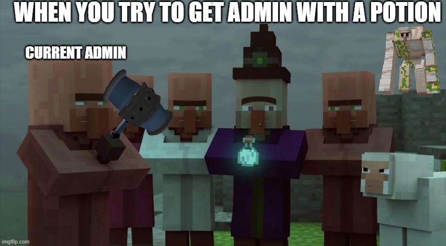 Villagers when they haven't seen a player in 3000tiks | WHEN YOU TRY TO GET ADMIN WITH A POTION; CURRENT ADMIN | image tagged in villagers mad at the witch,minecraft | made w/ Imgflip meme maker