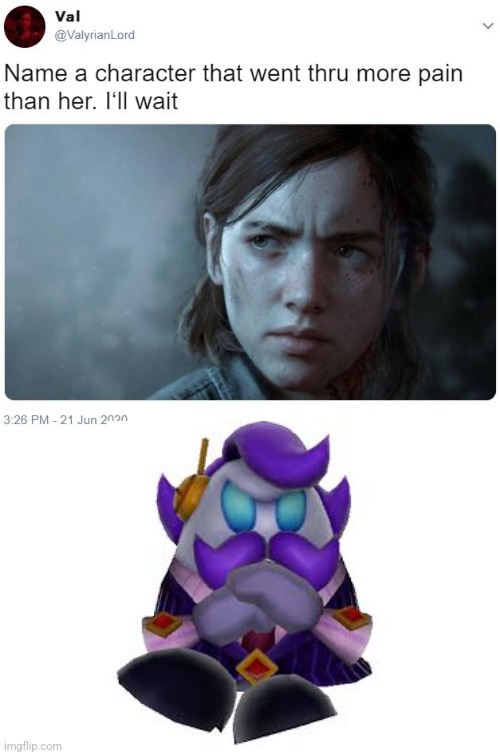 Name a character that went thru more pain than her. I'll wait | image tagged in name a character that went thru more pain than her i'll wait,kirby | made w/ Imgflip meme maker