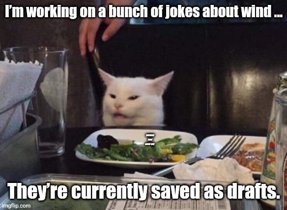 Smudge the Jokester | I’m working on a bunch of jokes about wind ... They’re currently saved as drafts. | image tagged in smudge that darn cat,smudge,funny,cat,lol | made w/ Imgflip meme maker