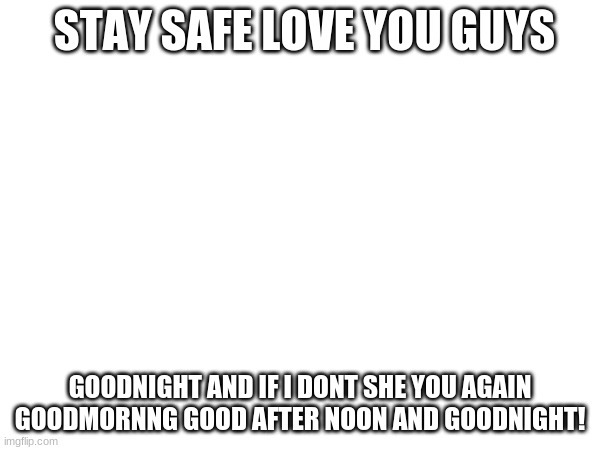 love you guys | STAY SAFE LOVE YOU GUYS; GOODNIGHT AND IF I DONT SHE YOU AGAIN GOODMORNNG GOOD AFTER NOON AND GOODNIGHT! | image tagged in goodnight | made w/ Imgflip meme maker