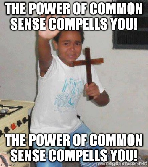 scared kid holding a cross | THE POWER OF COMMON SENSE COMPELLS YOU! THE POWER OF COMMON SENSE COMPELLS YOU! | image tagged in scared kid holding a cross | made w/ Imgflip meme maker