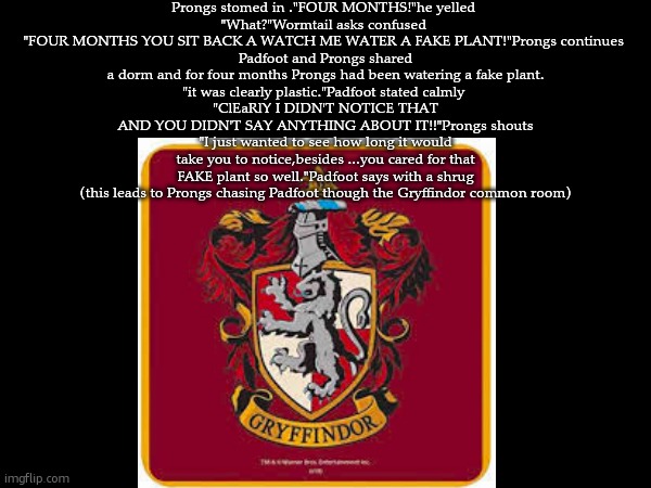 FOUR MONTHS!!!! | Prongs stomed in ."FOUR MONTHS!"he yelled 
"What?"Wormtail asks confused 
"FOUR MONTHS YOU SIT BACK A WATCH ME WATER A FAKE PLANT!"Prongs continues 
Padfoot and Prongs shared a dorm and for four months Prongs had been watering a fake plant.
"it was clearly plastic."Padfoot stated calmly 
"ClEaRlY I DIDN'T NOTICE THAT AND YOU DIDN'T SAY ANYTHING ABOUT IT!!"Prongs shouts
"I just wanted to see how long it would take you to notice,besides ...you cared for that FAKE plant so well."Padfoot says with a shrug
(this leads to Prongs chasing Padfoot though the Gryffindor common room) | image tagged in harry potter | made w/ Imgflip meme maker