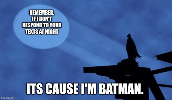 batman signal | REMEMBER. IF I DON'T RESPOND TO YOUR TEXTS AT NIGHT; ITS CAUSE I'M BATMAN. | image tagged in batman signal | made w/ Imgflip meme maker