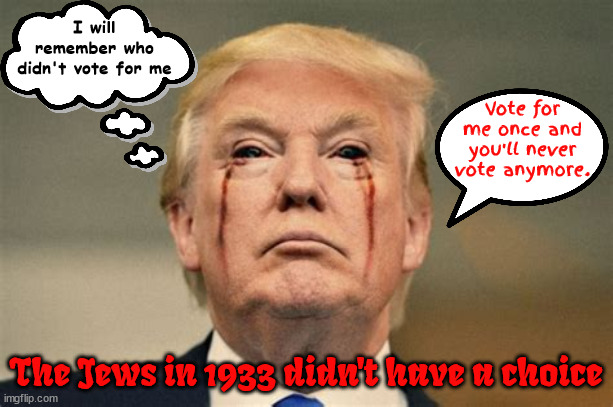 2nd Holocaust ? | I will remember who didn't vote for me; Vote for me once and you'll never vote anymore. The Jews in 1933 didn't have a choice | image tagged in hitler,trump threatns jews,2nd holocaust,3rd antichrist,nostradamus,maga murder | made w/ Imgflip meme maker