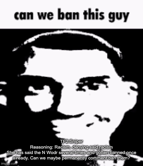 he has been banned. | TF2.Sniper
Reasoning: Racism, denying said racism
She has said the N Wodr several times and gotten banned once already. Can we maybe permanently comment ban them? | image tagged in can we ban this guy | made w/ Imgflip meme maker