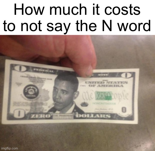 THE ZERO DOLLAR BILL | How much it costs to not say the N word | image tagged in the zero dollar bill | made w/ Imgflip meme maker