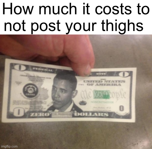 THE ZERO DOLLAR BILL | How much it costs to
not post your thighs | image tagged in the zero dollar bill | made w/ Imgflip meme maker