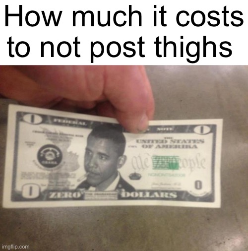 THE ZERO DOLLAR BILL | How much it costs to not post thighs | image tagged in the zero dollar bill | made w/ Imgflip meme maker