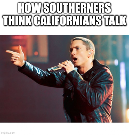 Eminem Rap | HOW SOUTHERNERS THINK CALIFORNIANS TALK | image tagged in eminem rap | made w/ Imgflip meme maker