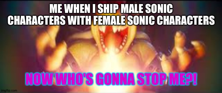 I love shipping Male sonic characters with Female sonic characters and nothing can stop me! | ME WHEN I SHIP MALE SONIC CHARACTERS WITH FEMALE SONIC CHARACTERS; NOW WHO'S GONNA STOP ME?! | image tagged in now who's gonna stop me | made w/ Imgflip meme maker