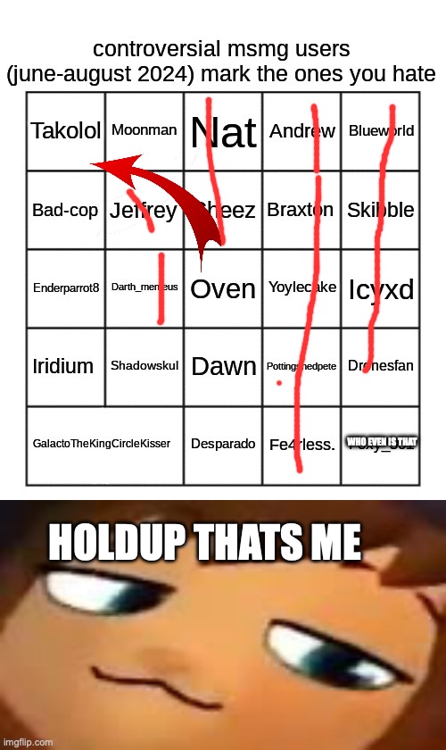 WHO EVEN IS THAT; HOLDUP THATS ME | image tagged in controversial msmg users june-august 2024,smug hat kid mp4 | made w/ Imgflip meme maker