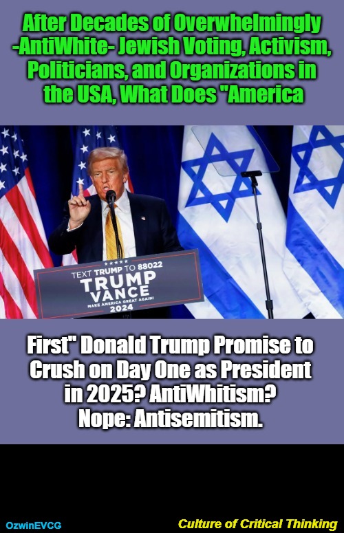 Culture of Critical Thinking | After Decades of Overwhelmingly 

-AntiWhite- Jewish Voting, Activism, 

Politicians, and Organizations in 

the USA, What Does "America; First" Donald Trump Promise to 

Crush on Day One as President 

in 2025? AntiWhitism? 

Nope: Antisemitism. Culture of Critical Thinking; OzwinEVCG | image tagged in donald trump,vote harder,antisemitism,occupied usa,antiwhitism,america first | made w/ Imgflip meme maker