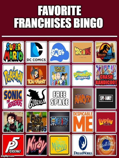 favorite franchises bingo | FAVORITE FRANCHISES BINGO; CRASH BANDICOOT | image tagged in blank bingo,series,favorites,videogames,anime,classics | made w/ Imgflip meme maker