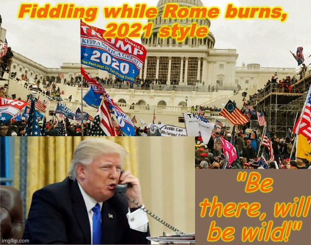 The January 6th Insurrection | Fiddling while Rome burns, 
2021 style "Be there, will be wild!" | image tagged in the january 6th insurrection | made w/ Imgflip meme maker