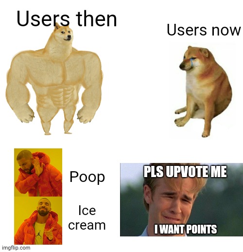 Users then vs users now | Users then; Users now; PLS UPVOTE ME; Poop; Ice cream; I WANT POINTS | image tagged in memes,buff doge vs cheems | made w/ Imgflip meme maker