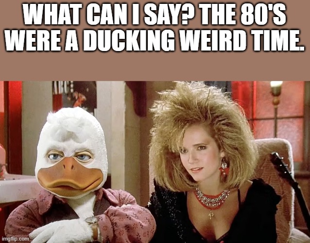 The 80's Were A Ducking Weird Time | WHAT CAN I SAY? THE 80'S WERE A DUCKING WEIRD TIME. | image tagged in 80's,1980's,howard the duck,weird,funny,memes | made w/ Imgflip meme maker