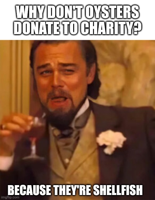 Shellfishing | WHY DON'T OYSTERS DONATE TO CHARITY? BECAUSE THEY'RE SHELLFISH | image tagged in selfish,funny,meme,humour,laughing leo,in a nutshell | made w/ Imgflip meme maker