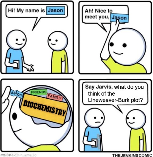 Say Jarvis | what do you 
think of the 
Lineweaver-Burk plot? BIOCHEMISTRY | image tagged in say jarvis,biology,chemistry,science | made w/ Imgflip meme maker