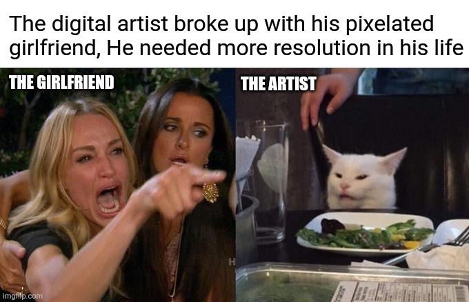 Pixelated | The digital artist broke up with his pixelated girlfriend, He needed more resolution in his life; THE ARTIST; THE GIRLFRIEND | image tagged in memes,woman yelling at cat,meme,funny,cat | made w/ Imgflip meme maker