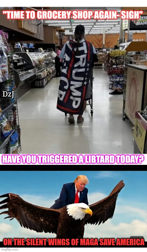 Some heros still wear capes.  MAGA 2024 | "TIME TO GROCERY SHOP AGAIN- SIGH"; DzJ; HAVE YOU TRIGGERED A LIBTARD TODAY? ON THE SILENT WINGS OF MAGA SAVE AMERICA | image tagged in libtard,moron,losers | made w/ Imgflip meme maker