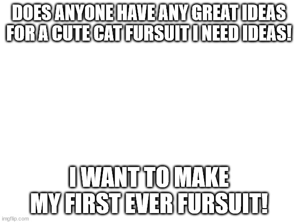 anyone have any ideas for cat fursuits? | DOES ANYONE HAVE ANY GREAT IDEAS FOR A CUTE CAT FURSUIT I NEED IDEAS! I WANT TO MAKE MY FIRST EVER FURSUIT! | image tagged in pls | made w/ Imgflip meme maker