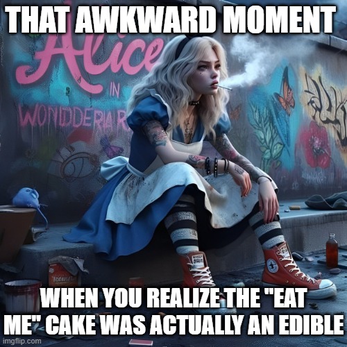 eat me cake | THAT AWKWARD MOMENT; WHEN YOU REALIZE THE "EAT ME" CAKE WAS ACTUALLY AN EDIBLE | image tagged in memes | made w/ Imgflip meme maker