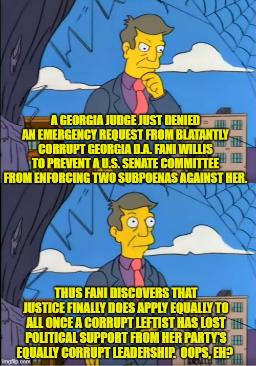 As the leftist 'justice' worm turns. | A GEORGIA JUDGE JUST DENIED AN EMERGENCY REQUEST FROM BLATANTLY CORRUPT GEORGIA D.A. FANI WILLIS TO PREVENT A U.S. SENATE COMMITTEE FROM ENFORCING TWO SUBPOENAS AGAINST HER. THUS FANI DISCOVERS THAT JUSTICE FINALLY DOES APPLY EQUALLY TO ALL ONCE A CORRUPT LEFTIST HAS LOST POLITICAL SUPPORT FROM HER PARTY'S EQUALLY CORRUPT LEADERSHIP.  OOPS, EH? | image tagged in skinner out of touch | made w/ Imgflip meme maker