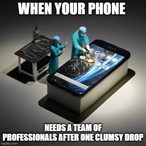 clumsy drop | WHEN YOUR PHONE; NEEDS A TEAM OF PROFESSIONALS AFTER ONE CLUMSY DROP | image tagged in memes | made w/ Imgflip meme maker