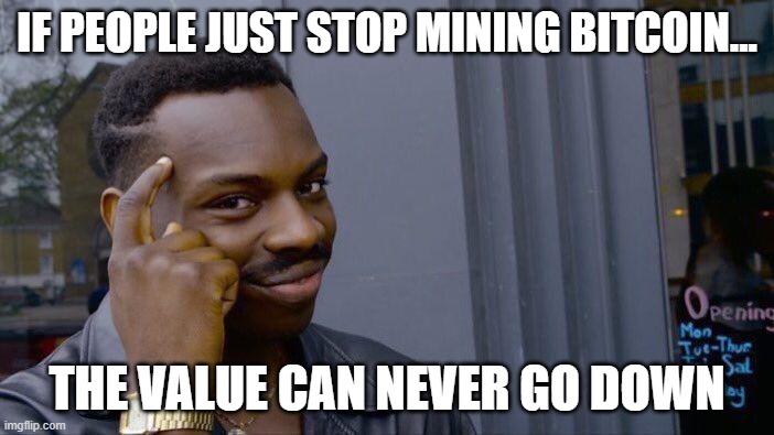 Stop Mining Bitcoin To Preserve It's Value! | IF PEOPLE JUST STOP MINING BITCOIN... THE VALUE CAN NEVER GO DOWN | image tagged in memes,roll safe think about it,bitcoin,btc,mining | made w/ Imgflip meme maker