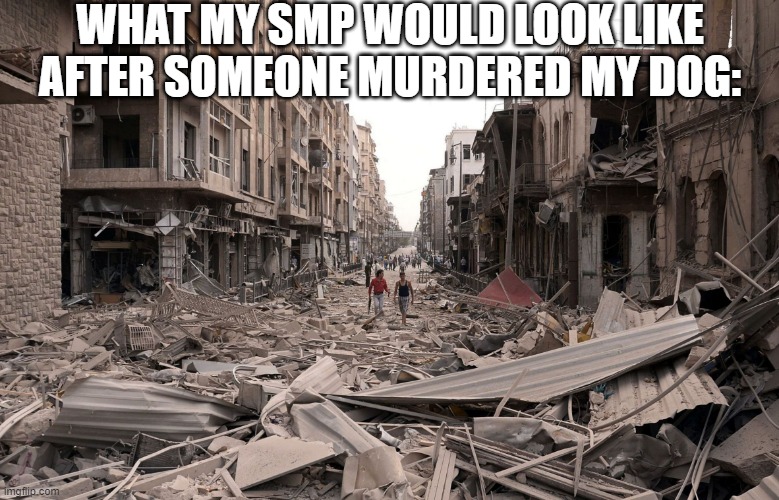 Your dog is everything | WHAT MY SMP WOULD LOOK LIKE AFTER SOMEONE MURDERED MY DOG: | image tagged in syria aleppo destruction immigration refugees house us trump dem,minecraft,memes,minecraft memes | made w/ Imgflip meme maker