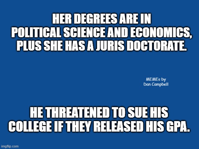 Slate Blue Solid Color Background  | HER DEGREES ARE IN POLITICAL SCIENCE AND ECONOMICS, PLUS SHE HAS A JURIS DOCTORATE. MEMEs by Dan Campbell; HE THREATENED TO SUE HIS COLLEGE IF THEY RELEASED HIS GPA. | image tagged in slate blue solid color background | made w/ Imgflip meme maker