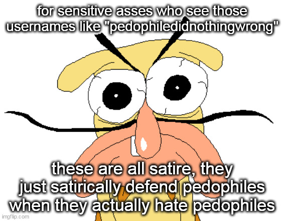 Angry Noise | for sensitive asses who see those usernames like "pedophiledidnothingwrong"; these are all satire, they just satirically defend pedophiles when they actually hate pedophiles | image tagged in angry noise | made w/ Imgflip meme maker