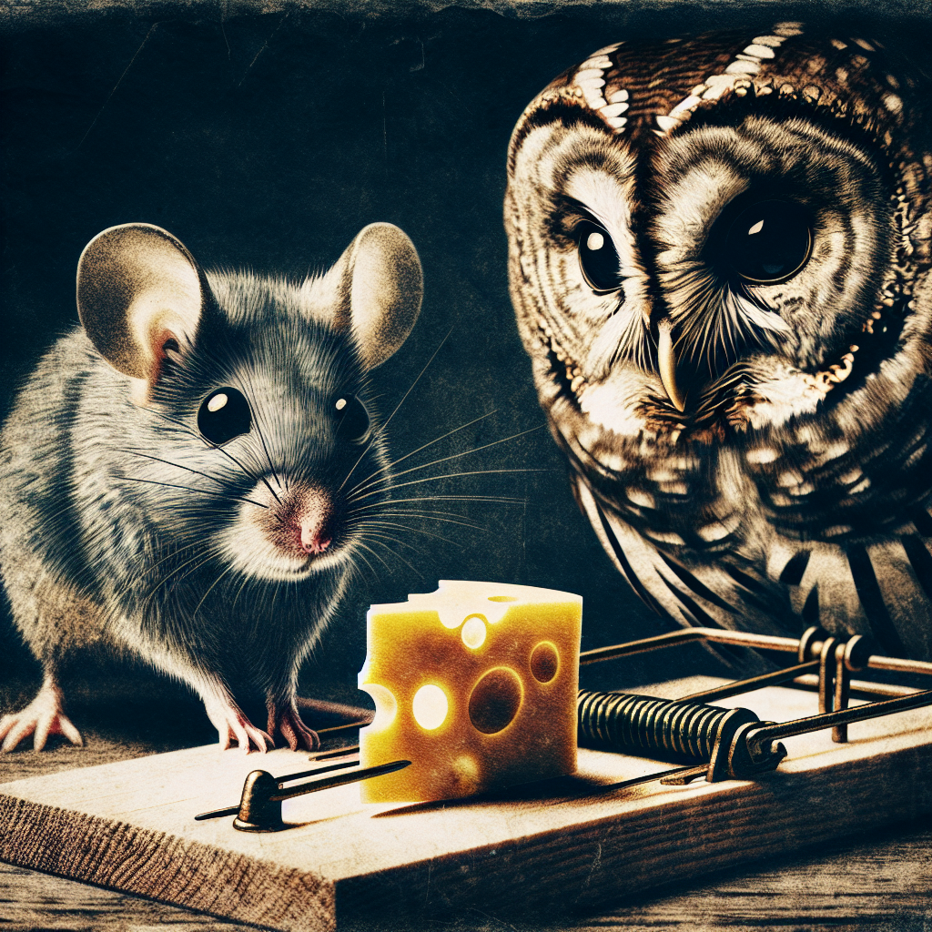 High Quality mouse considers cheese in mousetrap as owl looks on Blank Meme Template