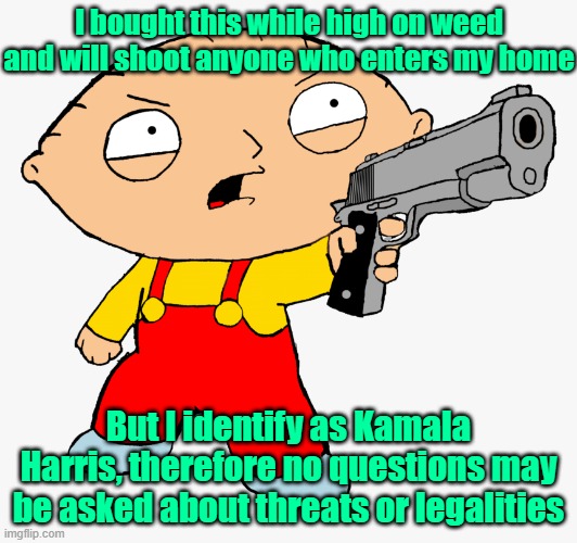 Is that gun registered? | I bought this while high on weed and will shoot anyone who enters my home; But I identify as Kamala Harris, therefore no questions may be asked about threats or legalities | image tagged in trump,maga,kamala harris,weed,gun rights | made w/ Imgflip meme maker