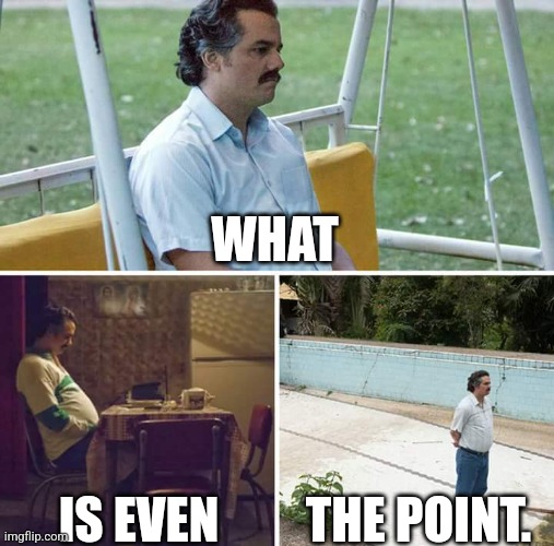 Sad Pablo Escobar | WHAT; IS EVEN; THE POINT. | image tagged in memes,sad pablo escobar | made w/ Imgflip meme maker