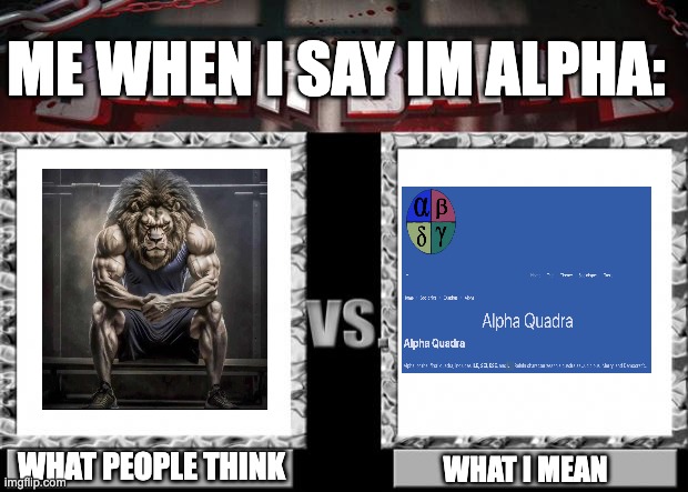 chat is this the least brainrotted gen a | ME WHEN I SAY IM ALPHA:; WHAT PEOPLE THINK; WHAT I MEAN | image tagged in death battle | made w/ Imgflip meme maker