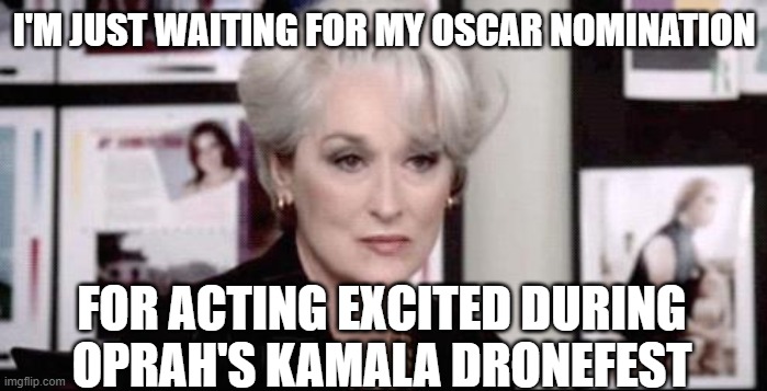 Phoney enthusiasm | I'M JUST WAITING FOR MY OSCAR NOMINATION; FOR ACTING EXCITED DURING OPRAH'S KAMALA DRONEFEST | image tagged in meryl streep groundbreaking | made w/ Imgflip meme maker