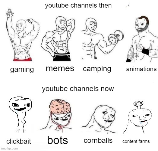 X in the Past vs. X Now | youtube channels then; animations; memes; camping; gaming; youtube channels now; bots; cornballs; clickbait; content farms | image tagged in x in the past vs x now | made w/ Imgflip meme maker