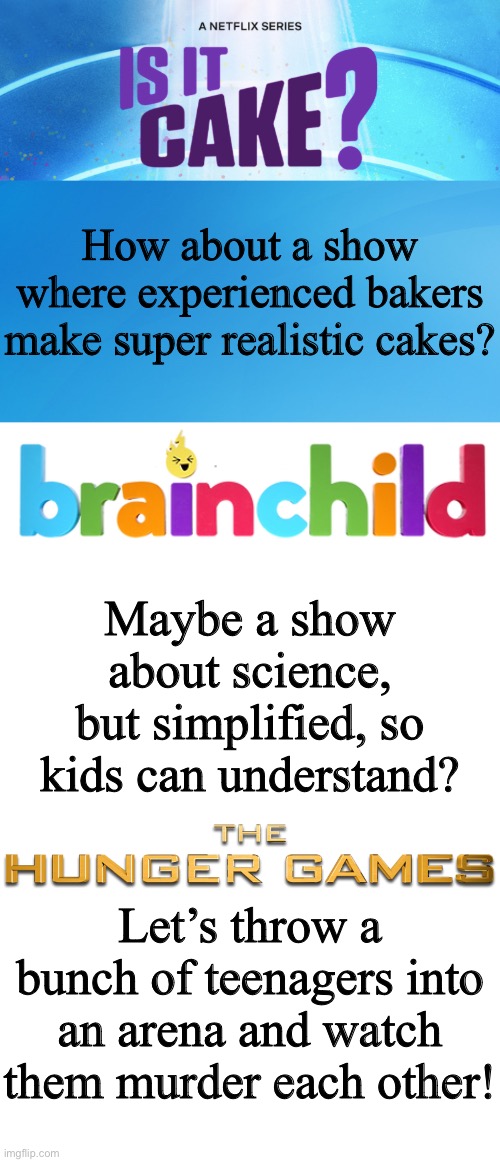 It do be true tho | How about a show where experienced bakers make super realistic cakes? Maybe a show about science, but simplified, so kids can understand? Let’s throw a bunch of teenagers into an arena and watch them murder each other! | image tagged in memes,funny,fun,hunger games,is it cake,brainchild | made w/ Imgflip meme maker