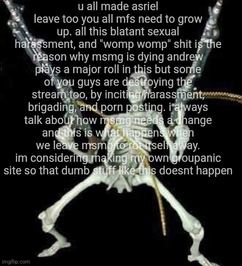 skeleton with guns meme | u all made asriel leave too you all mfs need to grow up. all this blatant sexual harassment, and "womp womp" shit is the reason why msmg is dying andrew plays a major roll in this but some of you guys are destroying the stream too, by inciting harassment, brigading, and porn posting. i always talk about how msmg needs a change and this is what happens when we leave msmg to rot itself away. im considering making my own groupanic site so that dumb stuff like this doesnt happen | image tagged in skeleton with guns meme | made w/ Imgflip meme maker