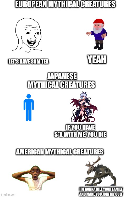 Mythical creatures from Europe, Japan, and America | EUROPEAN MYTHICAL CREATURES; LET'S HAVE SOM TEA; YEAH; JAPANESE MYTHICAL CREATURES; IF YOU HAVE S*X WITH ME, YOU DIE; AMERICAN MYTHICAL CREATURES; I'M GONNA KILL YOUR FAMILY AND MAKE YOU JOIN MY CULT | image tagged in memes,mythology | made w/ Imgflip meme maker