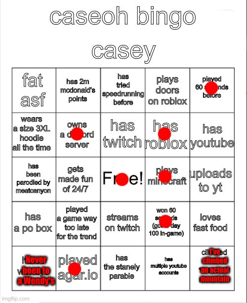 wtf is a po box | Never been to a Wendy's; I've climbed an actual mountain | image tagged in caseoh bingo | made w/ Imgflip meme maker